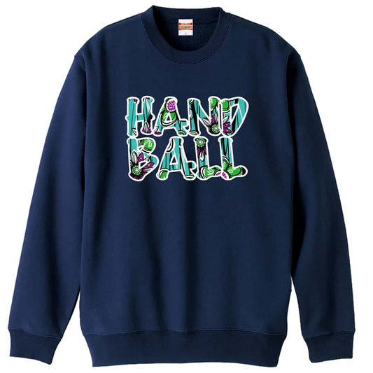 ハンドボール 北欧ファブリック風フラワーな HANDBALL 裏パイルスウェットトレーナー