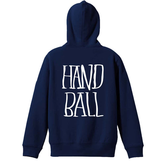 ハンドボール 手描きの縦長 HANDBALL 裏パイルプルオーバーパーカー