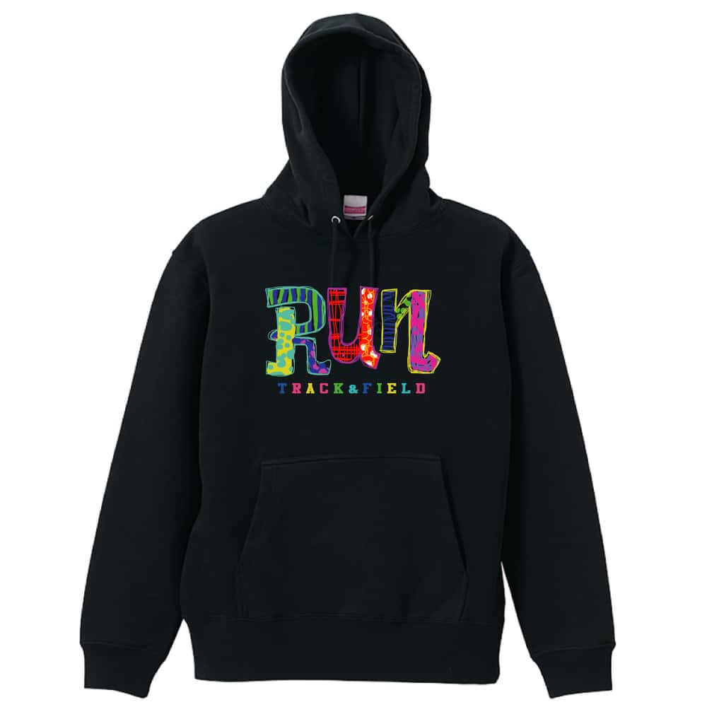 陸上競技 手描きパッチワーク風 RUN 裏パイルプルオーバーパーカー