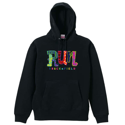 陸上競技 手描きパッチワーク風 RUN 裏パイルプルオーバーパーカー