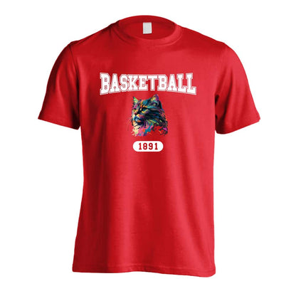 バスケットボール レトロなレインボー猫とバスケロゴ 吸水速乾ドライTシャツ