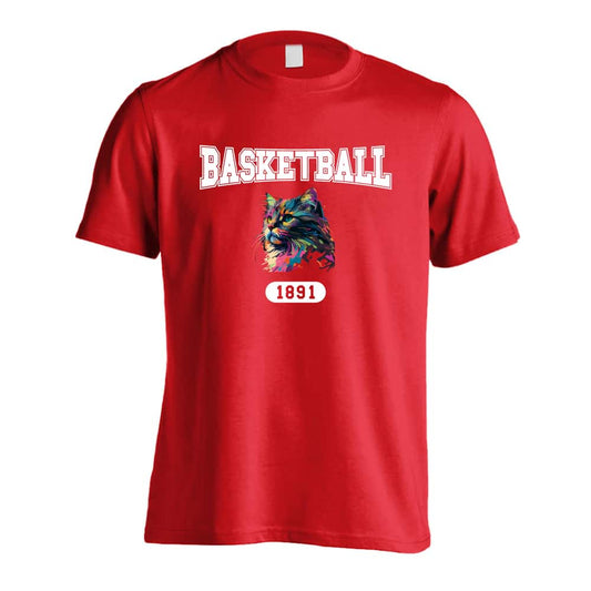バスケットボール レトロなレインボー猫とバスケロゴ 吸水速乾ドライTシャツ