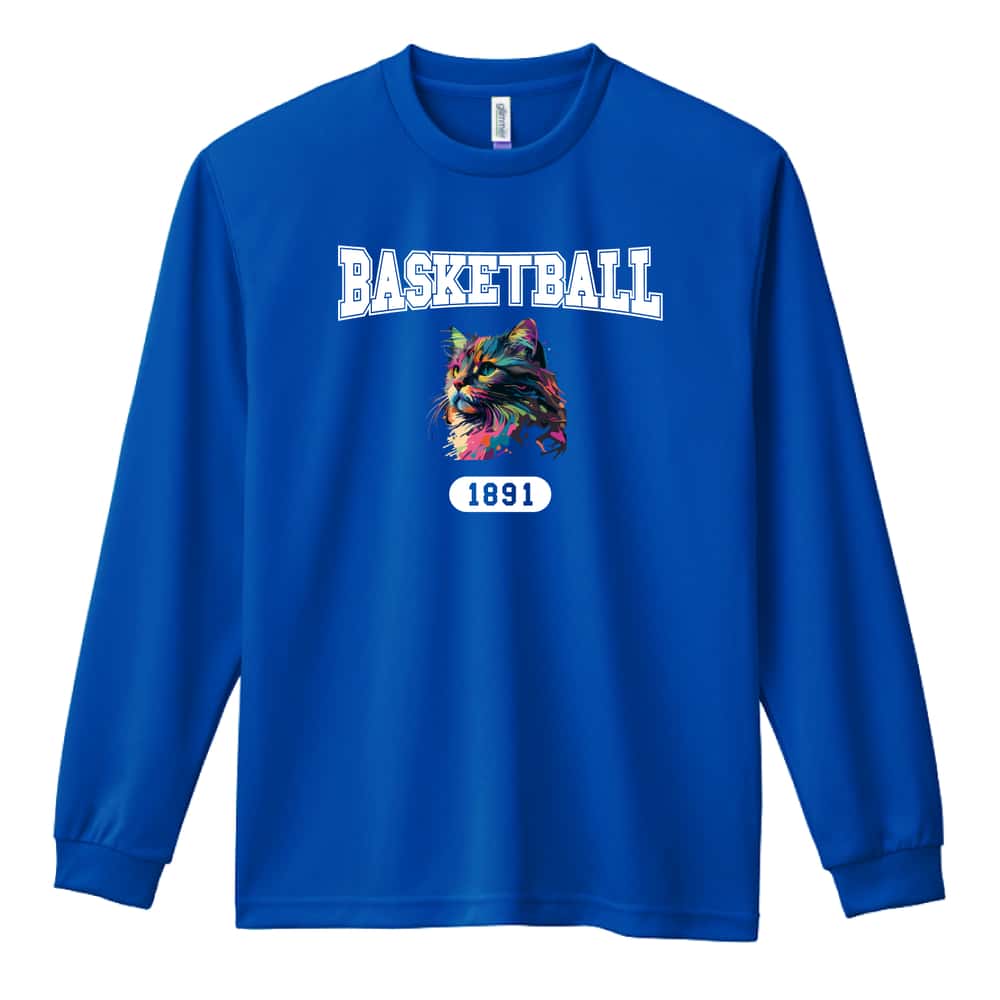 バスケットボール レトロなレインボー猫とバスケロゴ 吸水速乾ドライロングTシャツ