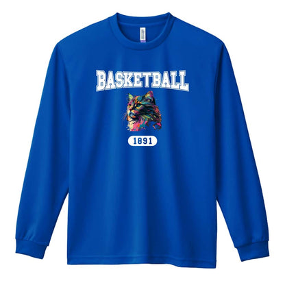 バスケットボール レトロなレインボー猫とバスケロゴ 吸水速乾ドライロングTシャツ