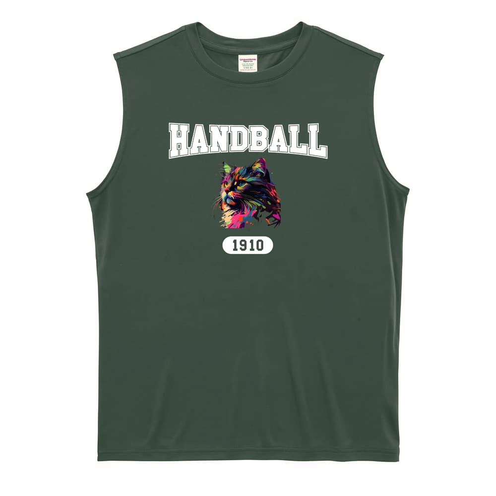 ハンドボール レトロなレインボー猫とHANDBALLロゴ リサイクルポリエステル ノースリーブシャツ