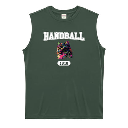ハンドボール レトロなレインボー猫とHANDBALLロゴ リサイクルポリエステル ノースリーブシャツ