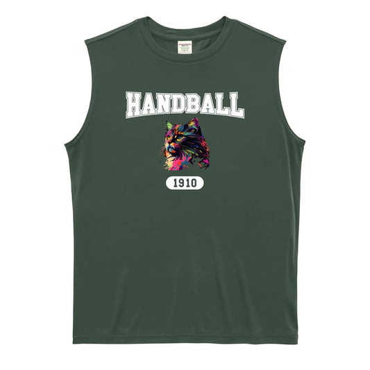 ハンドボール レトロなレインボー猫とHANDBALLロゴ リサイクルポリエステル ノースリーブシャツ
