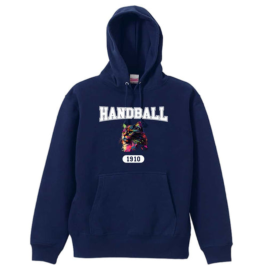 ハンドボール レトロなレインボー猫とHANDBALLロゴ 裏パイルプルオーバーパーカー