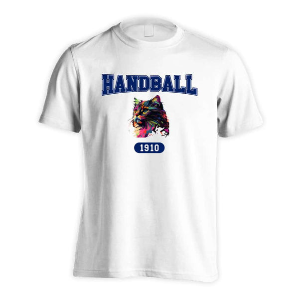 レトロなレインボー猫とHANDBALLロゴ｜ハンドボールドライTシャツ