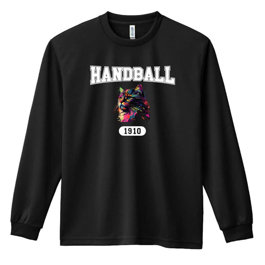 ハンドボール レトロなレインボー猫とHANDBALLロゴ 吸水速乾ドライロングTシャツ