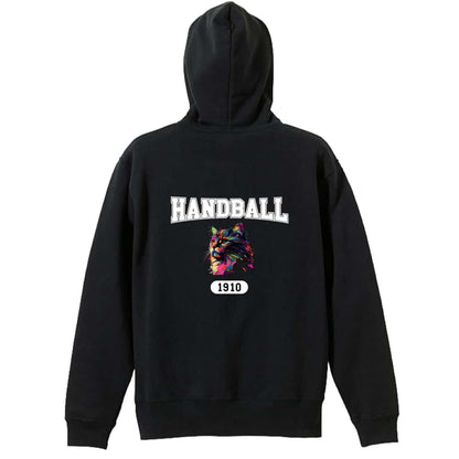 ハンドボール レトロなレインボー猫とHANDBALLロゴ 裏パイルジップパーカー