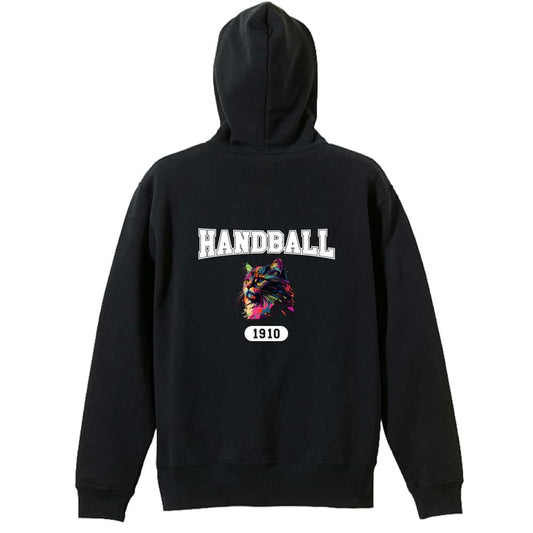 ハンドボール レトロなレインボー猫とHANDBALLロゴ 裏パイルジップパーカー