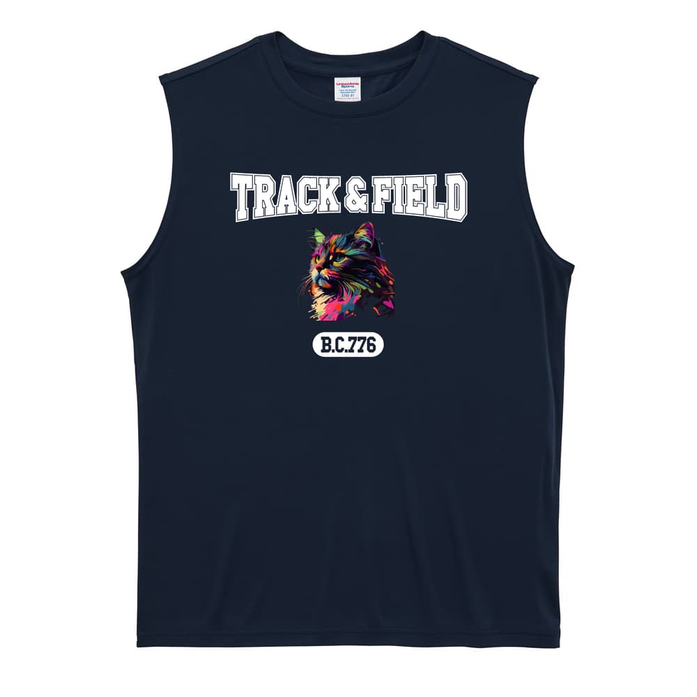 陸上競技 レトロなレインボー猫とTRACK&FIELDロゴ リサイクルポリエステル ノースリーブシャツ