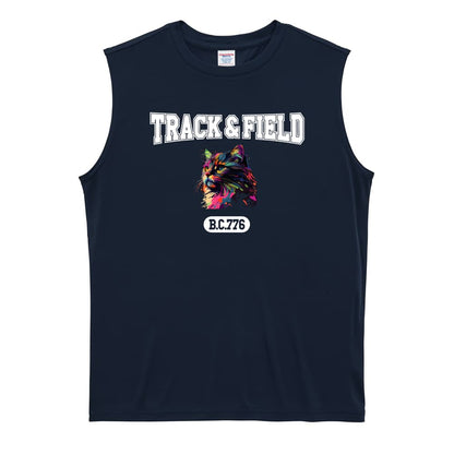 陸上競技 レトロなレインボー猫とTRACK&FIELDロゴ リサイクルポリエステル ノースリーブシャツ