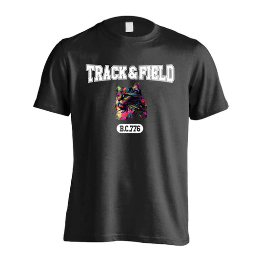 陸上競技 レトロなレインボー猫とTRACK&FIELDロゴ 吸水速乾ドライTシャツ