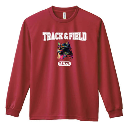 陸上競技 レトロなレインボー猫とTRACK&FIELDロゴ 吸水速乾ドライロングTシャツ