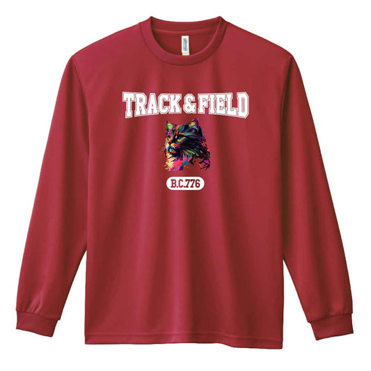 陸上競技 レトロなレインボー猫とTRACK&FIELDロゴ 吸水速乾ドライロングTシャツ