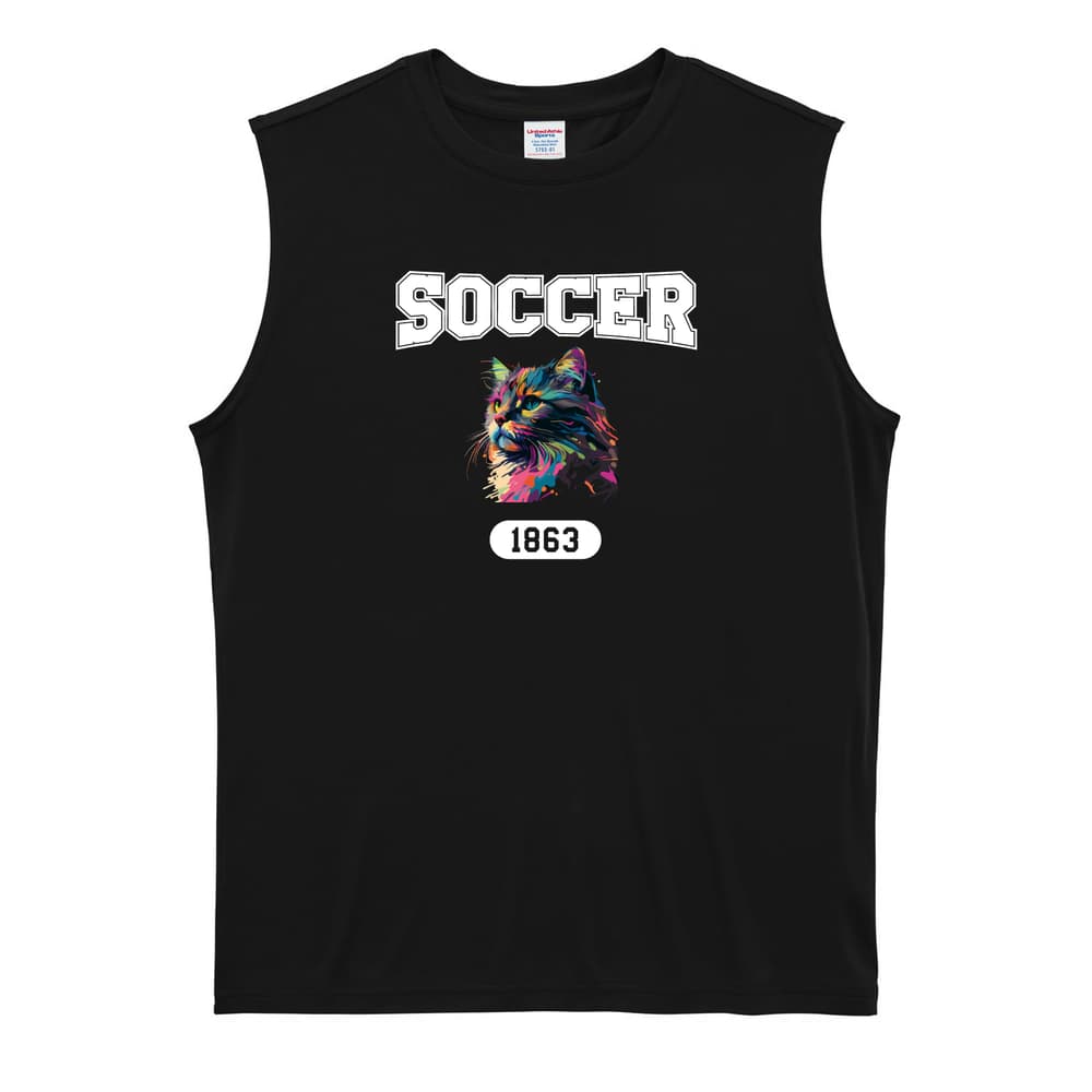 サッカー レトロなレインボー猫とSOCCERロゴ リサイクルポリエステル ノースリーブシャツ