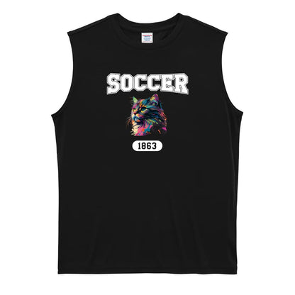 サッカー レトロなレインボー猫とSOCCERロゴ リサイクルポリエステル ノースリーブシャツ