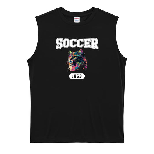 サッカー レトロなレインボー猫とSOCCERロゴ リサイクルポリエステル ノースリーブシャツ