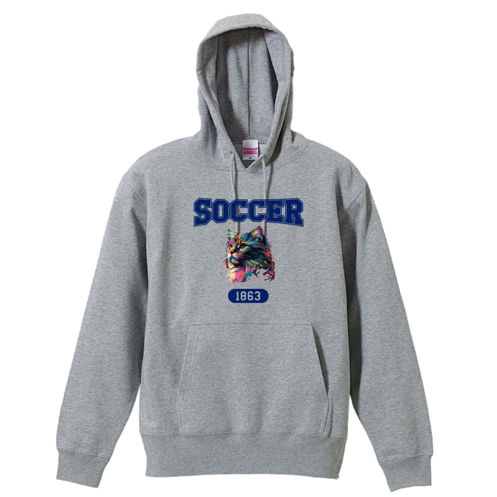 サッカー レトロなレインボー猫とSOCCERロゴ 裏パイルプルオーバーパーカー