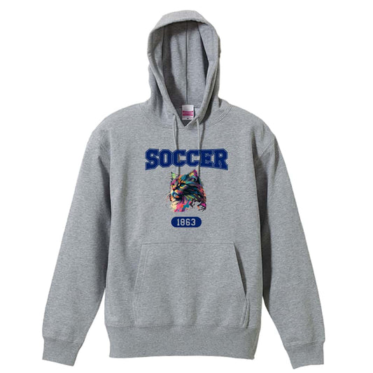 サッカー レトロなレインボー猫とSOCCERロゴ 裏パイルプルオーバーパーカー