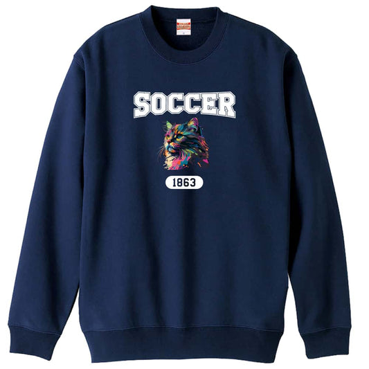 サッカー レトロなレインボー猫とSOCCERロゴ 裏パイルスウェットトレーナー