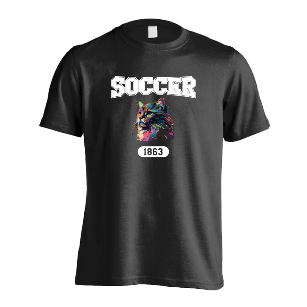 サッカー レトロなレインボー猫とSOCCERロゴ 吸水速乾ドライTシャツ