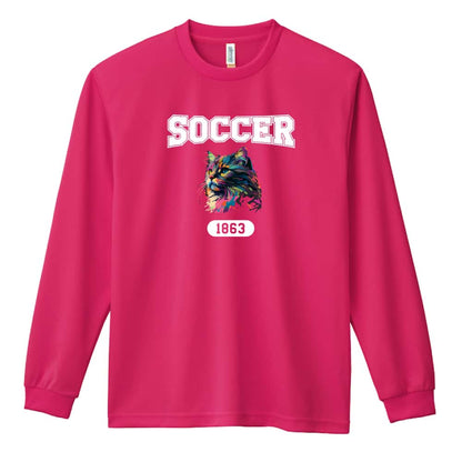 サッカー レトロなレインボー猫とSOCCERロゴ 吸水速乾ドライロングTシャツ