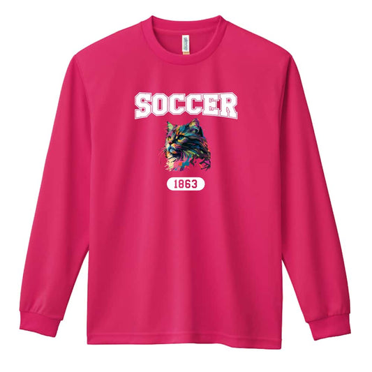サッカー レトロなレインボー猫とSOCCERロゴ 吸水速乾ドライロングTシャツ