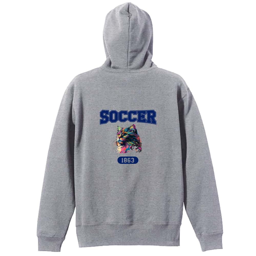 サッカー レトロなレインボー猫とSOCCERロゴ 裏パイルジップパーカー
