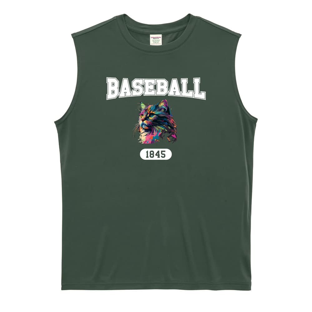野球 レトロなレインボー猫とBASEBALLロゴ リサイクルポリエステル ノースリーブシャツ