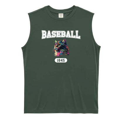 野球 レトロなレインボー猫とBASEBALLロゴ リサイクルポリエステル ノースリーブシャツ