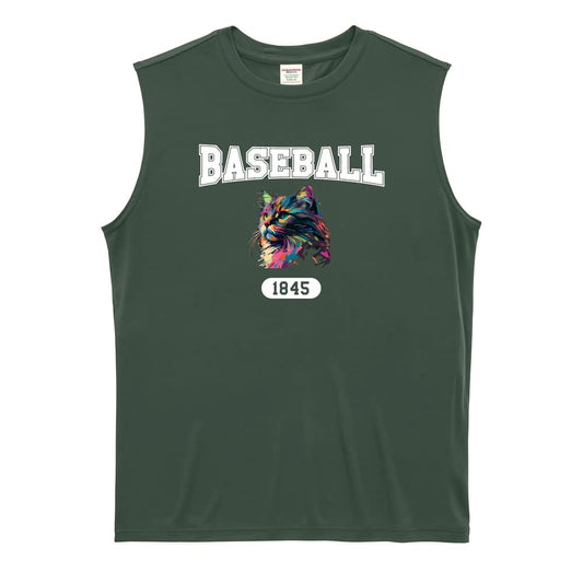 野球 レトロなレインボー猫とBASEBALLロゴ リサイクルポリエステル ノースリーブシャツ