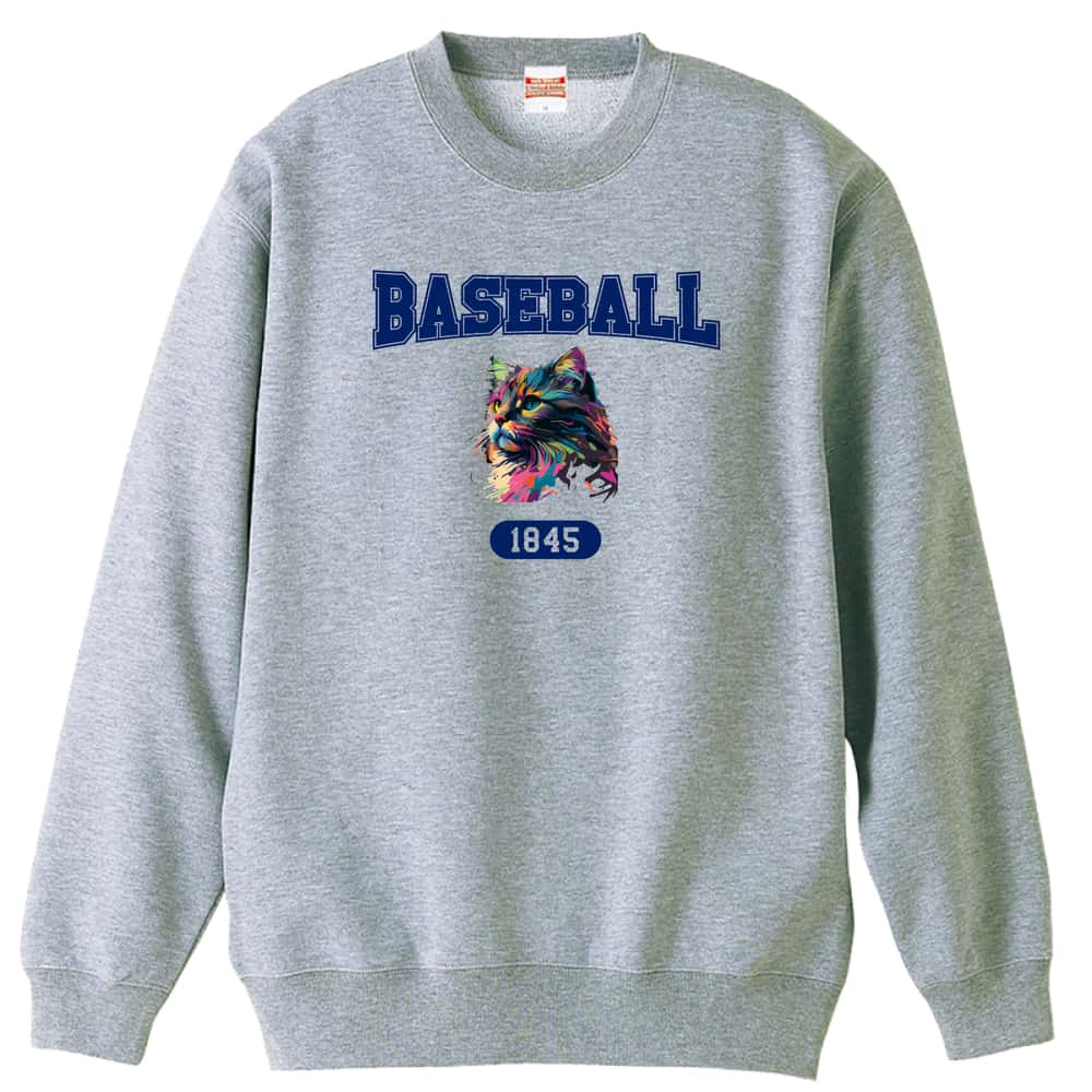 野球 レトロなレインボー猫とBASEBALLロゴ 裏パイルスウェットトレーナー