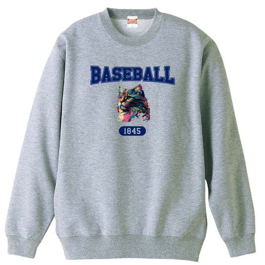 野球 レトロなレインボー猫とBASEBALLロゴ 裏パイルスウェットトレーナー
