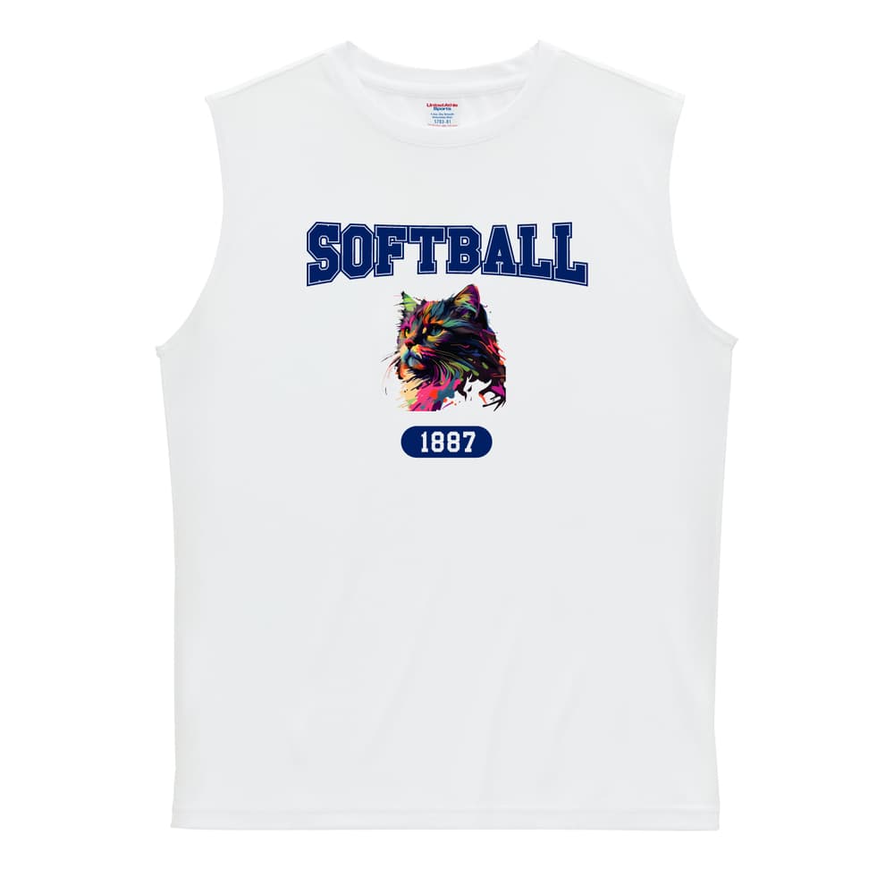 ソフトボール レトロなレインボー猫とSOFTBALLロゴ リサイクルポリエステル ノースリーブシャツ