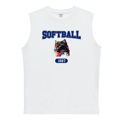 ソフトボール レトロなレインボー猫とSOFTBALLロゴ リサイクルポリエステル ノースリーブシャツ