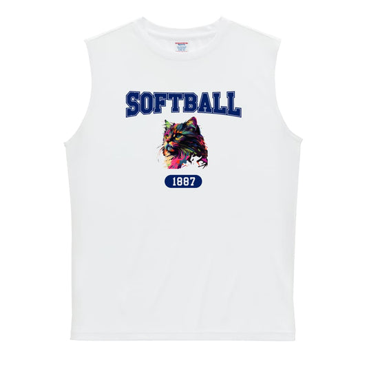 ソフトボール レトロなレインボー猫とSOFTBALLロゴ リサイクルポリエステル ノースリーブシャツ