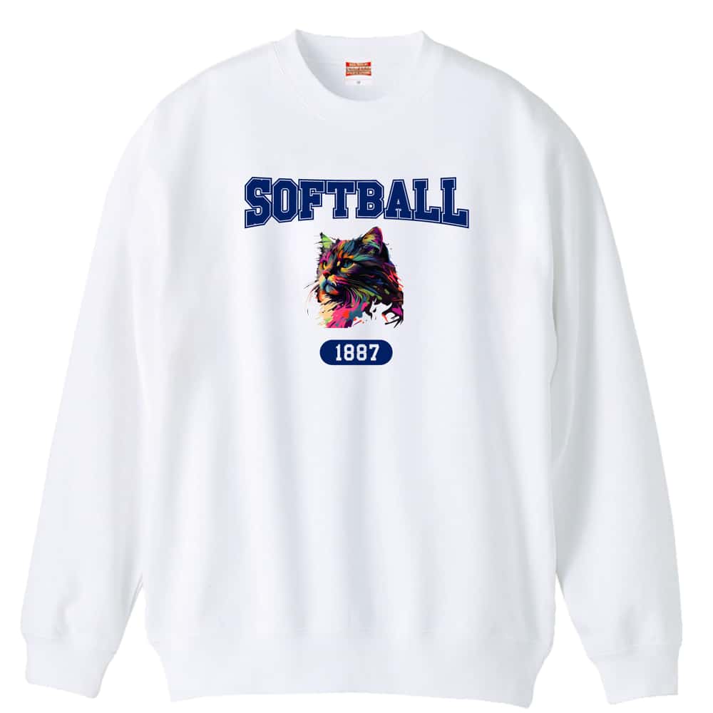 ソフトボール レトロなレインボー猫とSOFTBALLロゴ 裏パイルスウェットトレーナー