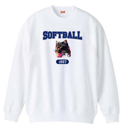 ソフトボール レトロなレインボー猫とSOFTBALLロゴ 裏パイルスウェットトレーナー