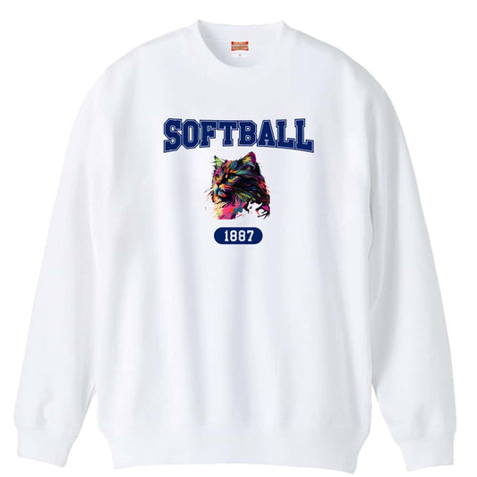 ソフトボール レトロなレインボー猫とSOFTBALLロゴ 裏パイルスウェットトレーナー