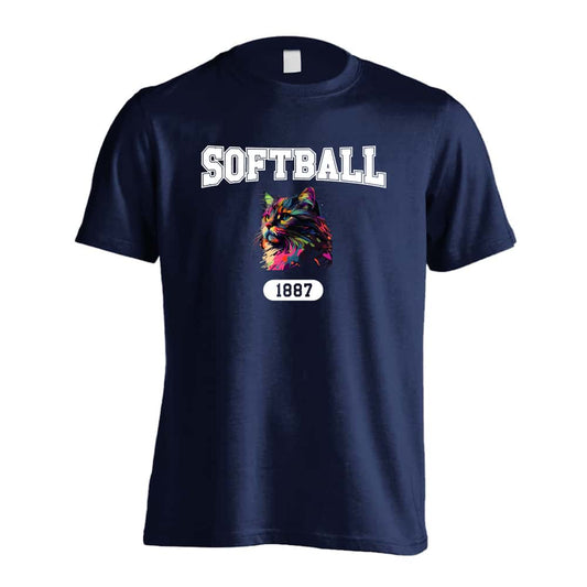 ソフトボール レトロなレインボー猫とSOFTBALLロゴ 吸水速乾ドライTシャツ