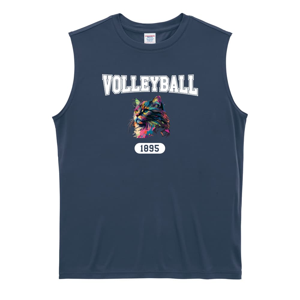 バレーボール レトロなレインボー猫とVOLLEYBALLロゴ リサイクルポリエステル ノースリーブシャツ