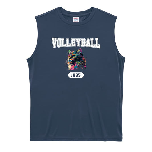 バレーボール レトロなレインボー猫とVOLLEYBALLロゴ リサイクルポリエステル ノースリーブシャツ