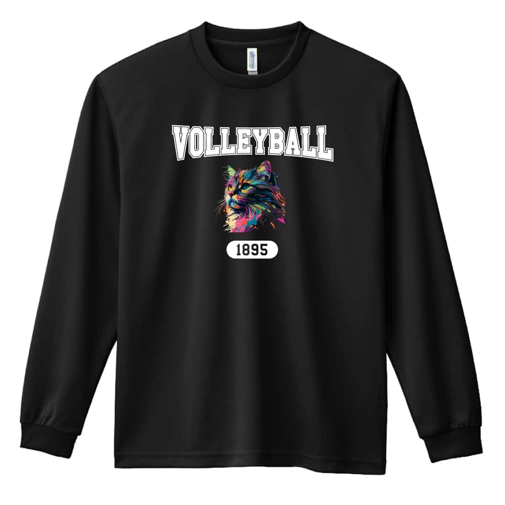 バレーボール レトロなレインボー猫とVOLLEYBALLロゴ 吸水速乾ドライロングTシャツ