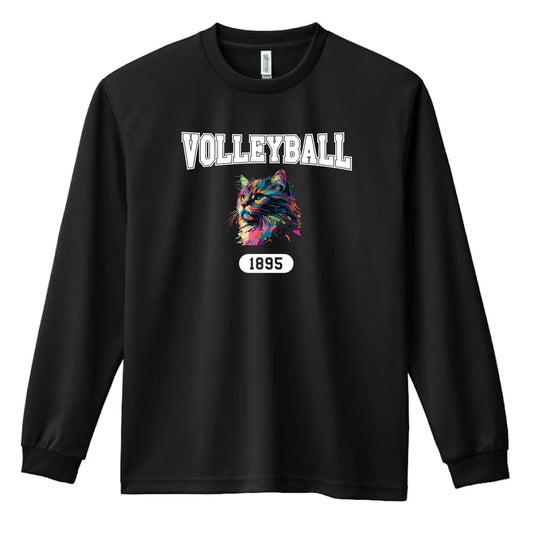 バレーボール レトロなレインボー猫とVOLLEYBALLロゴ 吸水速乾ドライロングTシャツ