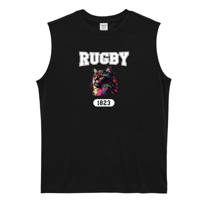 ラグビー レトロなレインボー猫とRUGBYロゴ リサイクルポリエステル ノースリーブシャツ