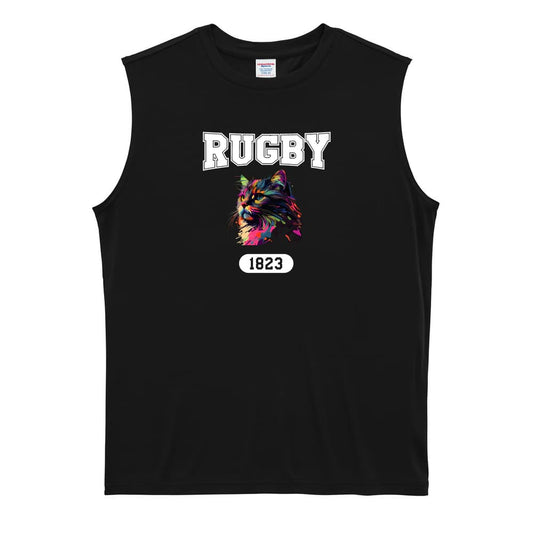ラグビー レトロなレインボー猫とRUGBYロゴ リサイクルポリエステル ノースリーブシャツ