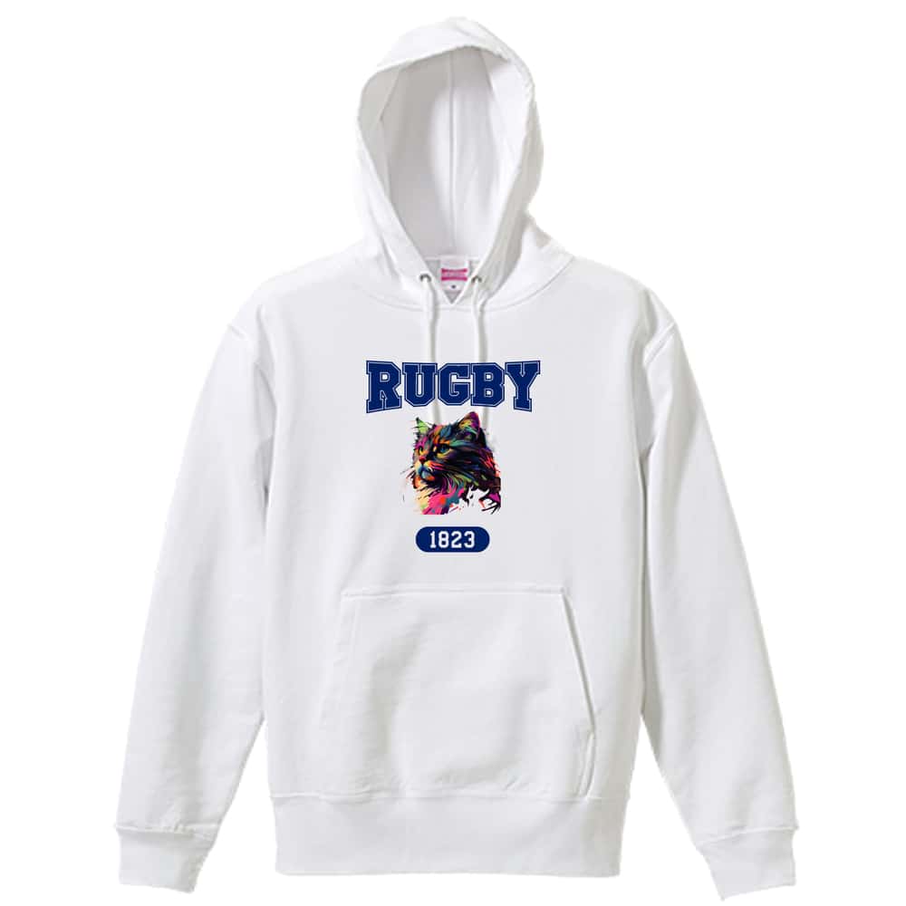 ラグビー レトロなレインボー猫とRUGBYロゴ 裏パイルプルオーバーパーカー